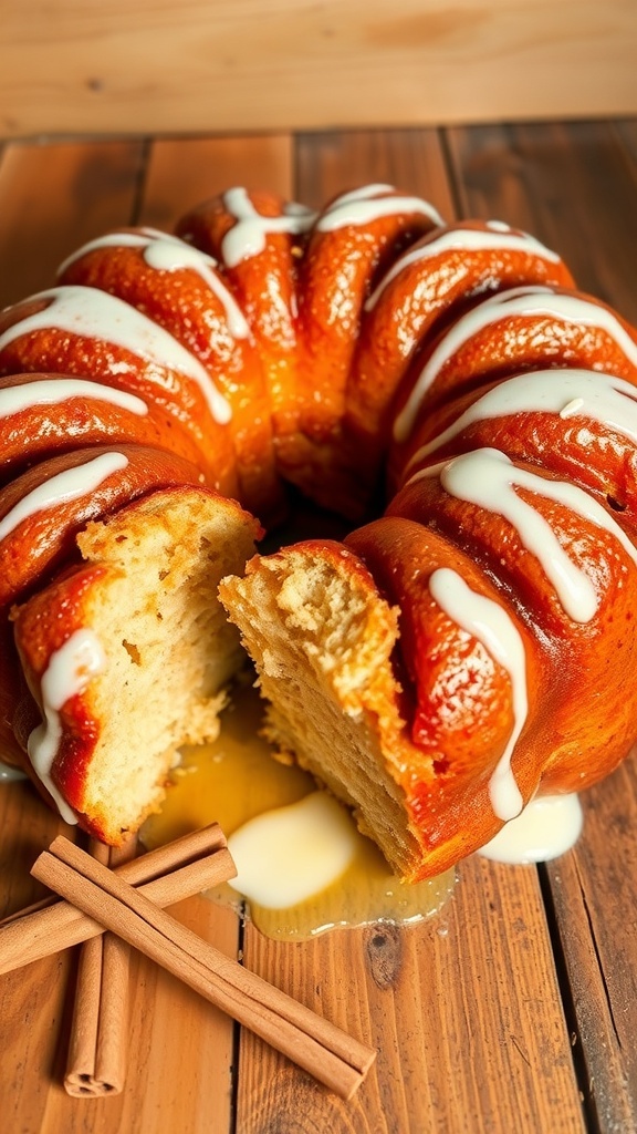 Golden-brown cinnamon monkey bread with icing on a wooden table, showcasing its pull-apart texture.